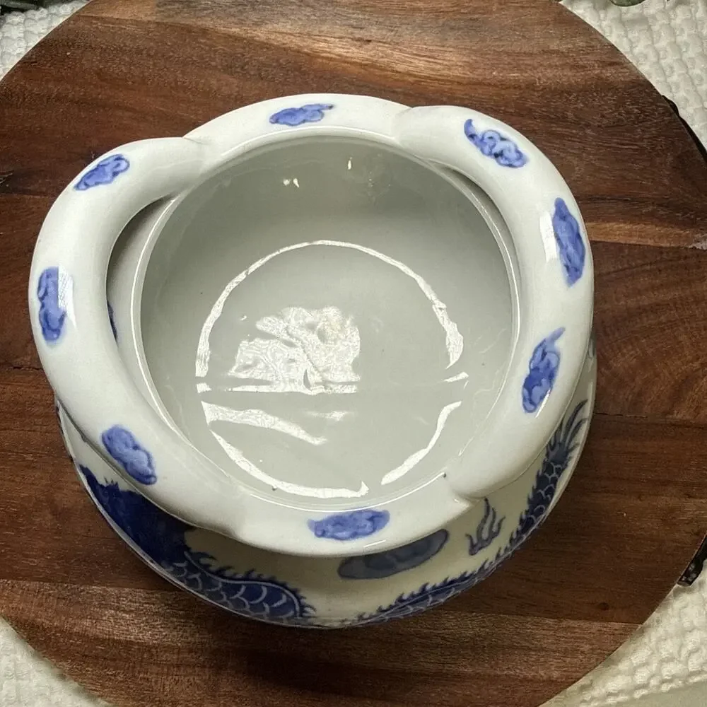 Chinese Blue White Dragon Tripod Censer Cachepot Planter Ceramic 6” Vintage